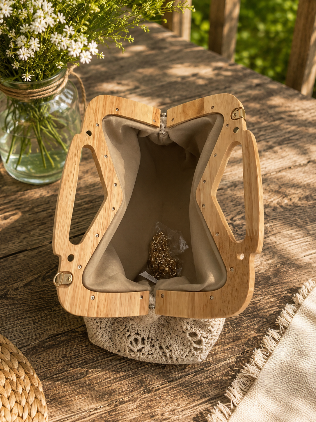 Sac à main / bandoulière en crochet & bois LUNA [ Beige ] Eylim Boutique