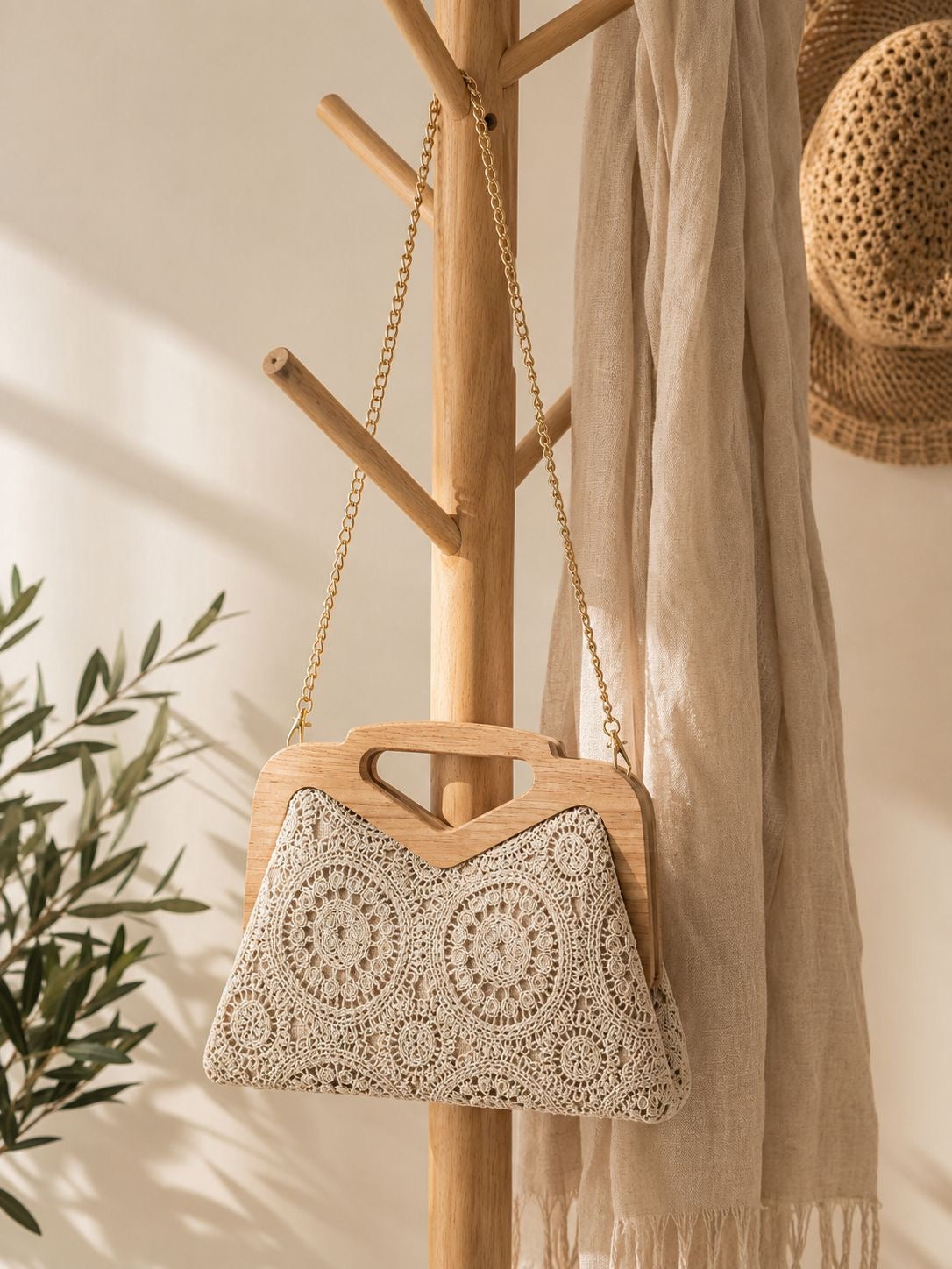Sac à main / bandoulière en crochet & bois LUNA [ Beige ] Eylim Boutique