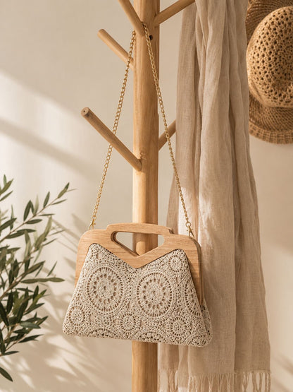 Sac à main / bandoulière en crochet & bois LUNA [ Beige ] Eylim Boutique