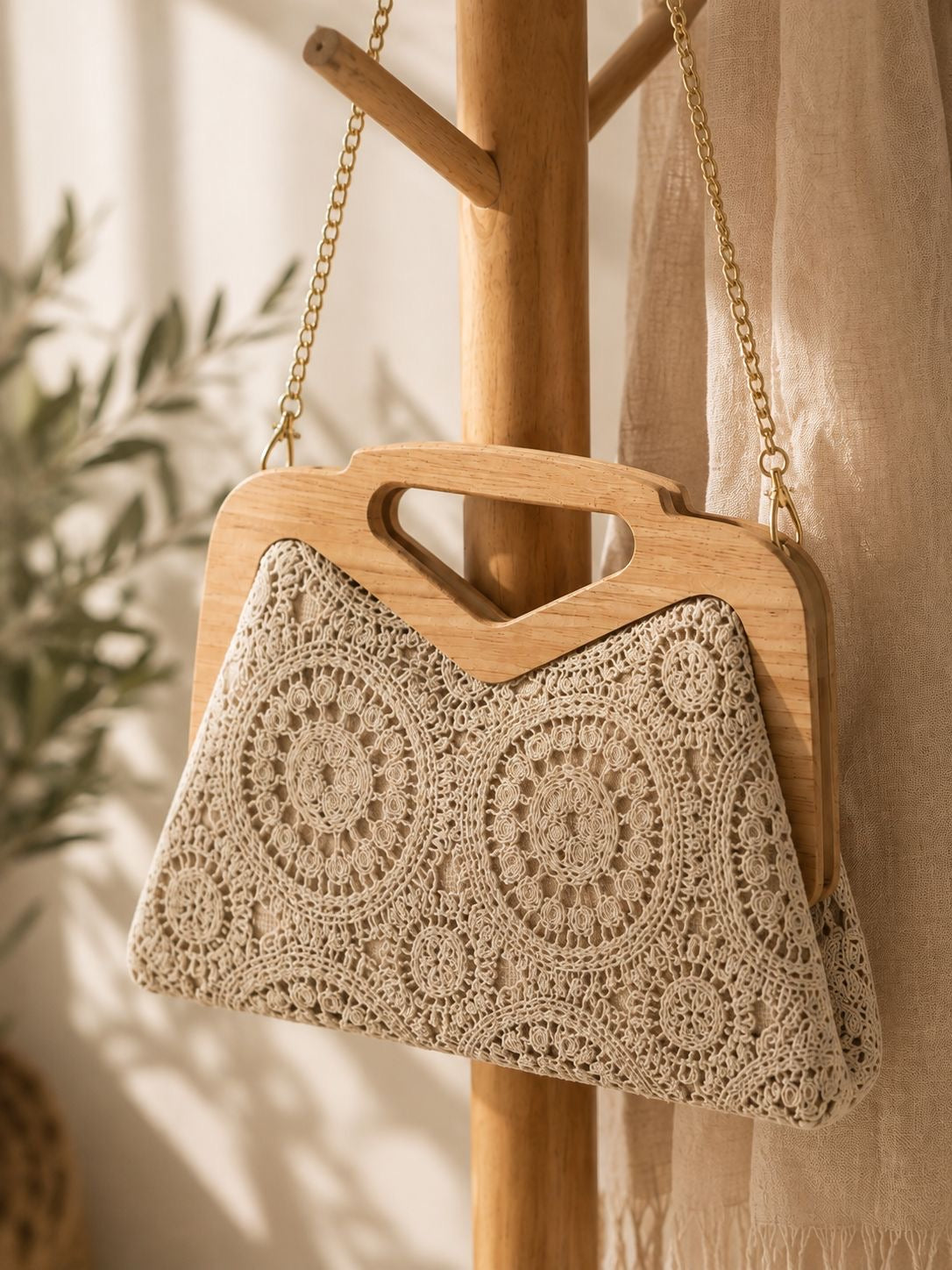 Sac à main / bandoulière en crochet & bois LUNA [ Beige ] Eylim Boutique