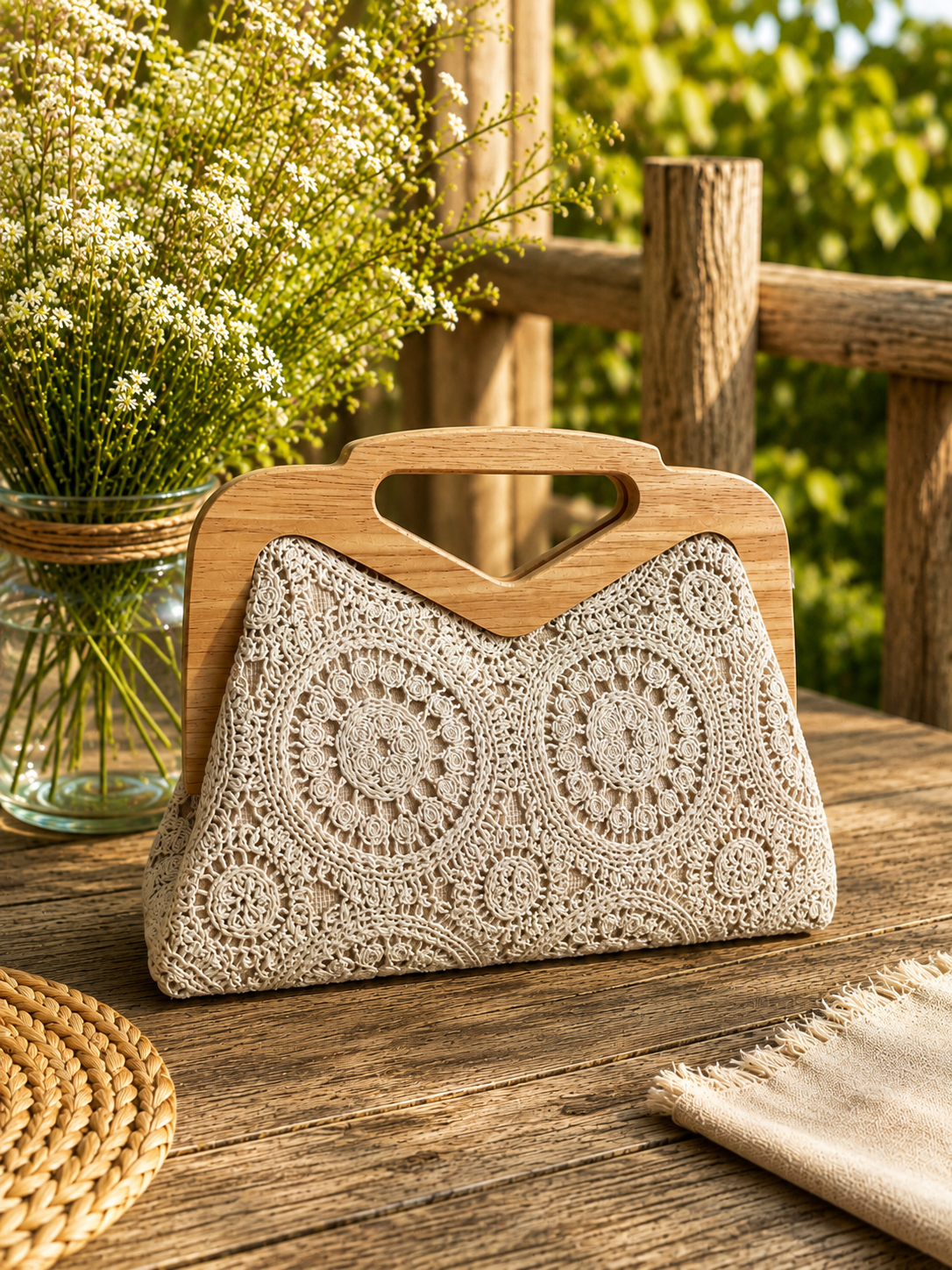 Sac à main / bandoulière en crochet & bois LUNA [ Beige ] Eylim Boutique