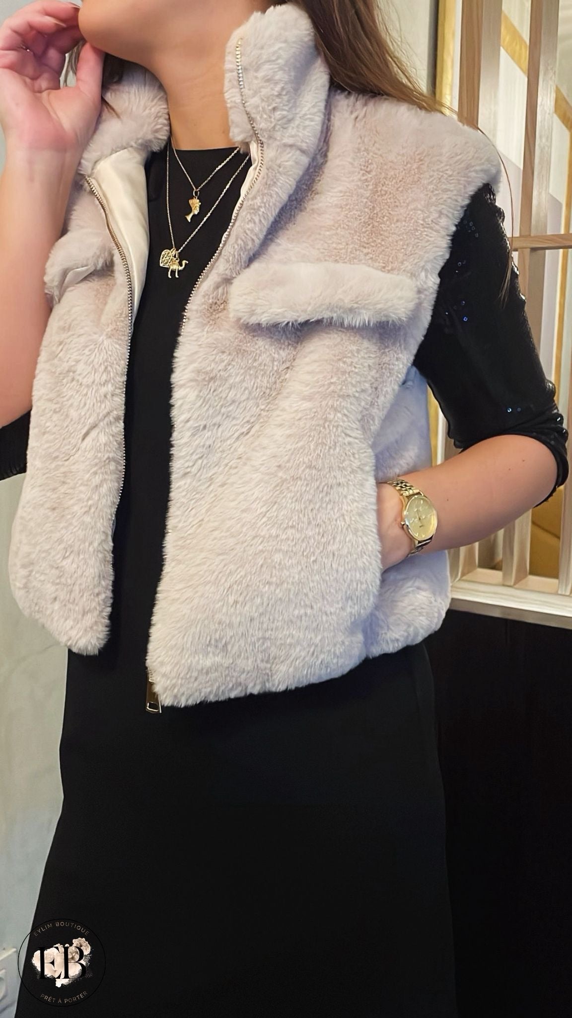 Gilet sans manches fourrure [ Beige ] Eylim Boutique